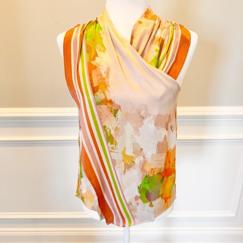 Anthropologie Sleeveless Draped Floral-Stripe Top In Peach, Orange, Green